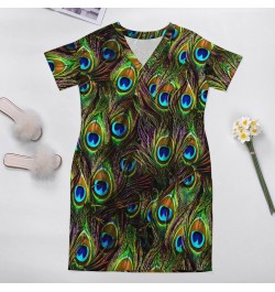 Peacock Feathers Dress V Neck Colorful Print Vintage Dresses Woman Street Wear Design Casual Dress With Pockets Plus Size 5XL...