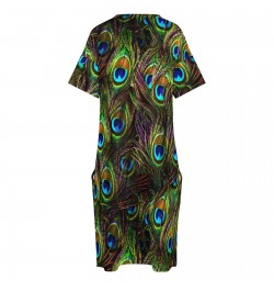 Peacock Feathers Dress V Neck Colorful Print Vintage Dresses Woman Street Wear Design Casual Dress With Pockets Plus Size 5XL...