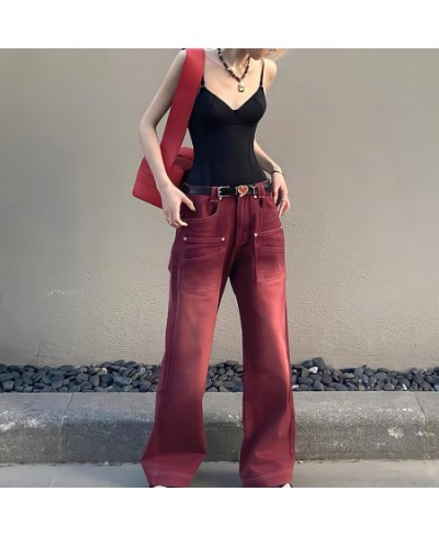 Boyfriend Style Streetwear Baggy Jeans Women Denim Trousers High Waist Y2k Vintage Washed Distressed Wide Leg Mopping Red Pan...