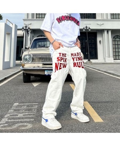 Men's Street Letter Print Jeans High Street Retro Trend Loose Y2K Pants Oversized Streetwear Casual White Straight Leg Men $5...