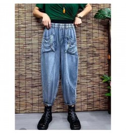 2022 Summer Women New Korean Thin Button Jeans Women Large Pocket Loose Harem Casual Denim Pants Female High Waist Cowboy Pan...