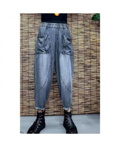 2022 Summer Women New Korean Thin Button Jeans Women Large Pocket Loose Harem Casual Denim Pants Female High Waist Cowboy Pan...