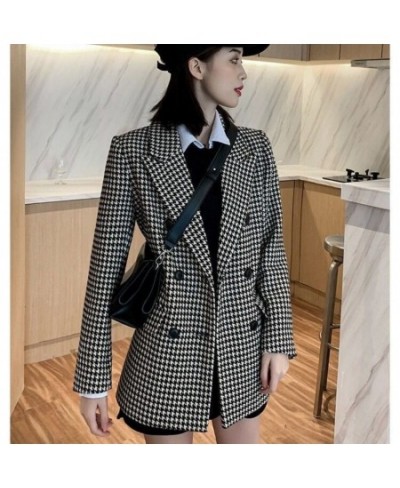 Women Wool Coats Houndstooth Blends Notched Double Breasted Warm Thickening Stylish Elegant Femme Streetwear Ulzzang Outwear ...