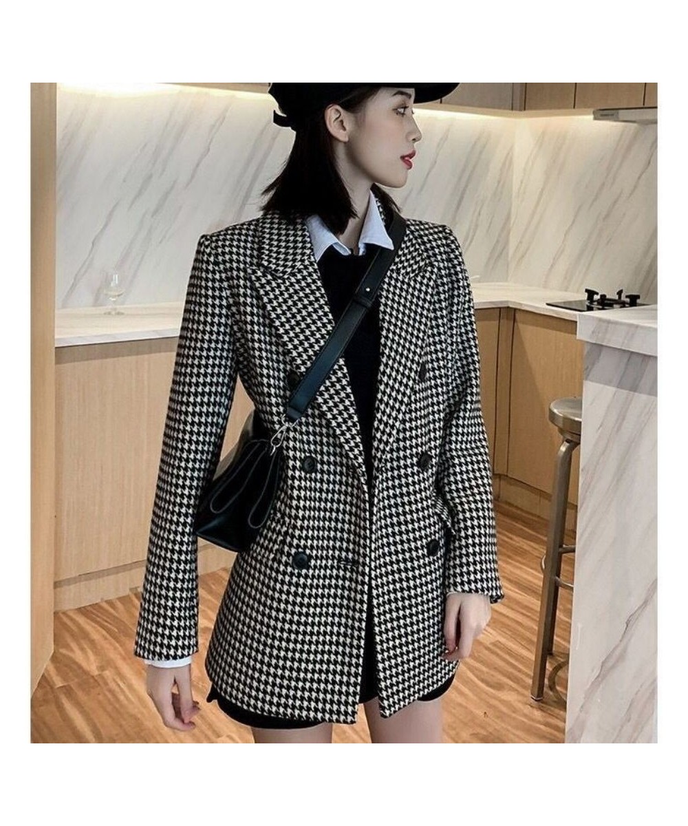 Women Wool Coats Houndstooth Blends Notched Double Breasted Warm Thickening Stylish Elegant Femme Streetwear Ulzzang Outwear ...