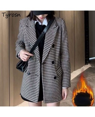 Women Wool Coats Houndstooth Blends Notched Double Breasted Warm Thickening Stylish Elegant Femme Streetwear Ulzzang Outwear ...