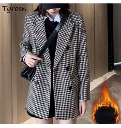 Women Wool Coats Houndstooth Blends Notched Double Breasted Warm Thickening Stylish Elegant Femme Streetwear Ulzzang Outwear ...