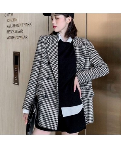 Women Wool Coats Houndstooth Blends Notched Double Breasted Warm Thickening Stylish Elegant Femme Streetwear Ulzzang Outwear ...