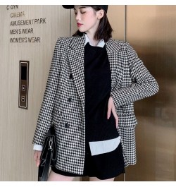 Women Wool Coats Houndstooth Blends Notched Double Breasted Warm Thickening Stylish Elegant Femme Streetwear Ulzzang Outwear ...