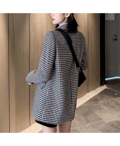 Women Wool Coats Houndstooth Blends Notched Double Breasted Warm Thickening Stylish Elegant Femme Streetwear Ulzzang Outwear ...