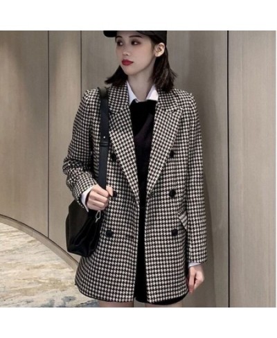 Women Wool Coats Houndstooth Blends Notched Double Breasted Warm Thickening Stylish Elegant Femme Streetwear Ulzzang Outwear ...