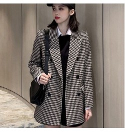 Women Wool Coats Houndstooth Blends Notched Double Breasted Warm Thickening Stylish Elegant Femme Streetwear Ulzzang Outwear ...