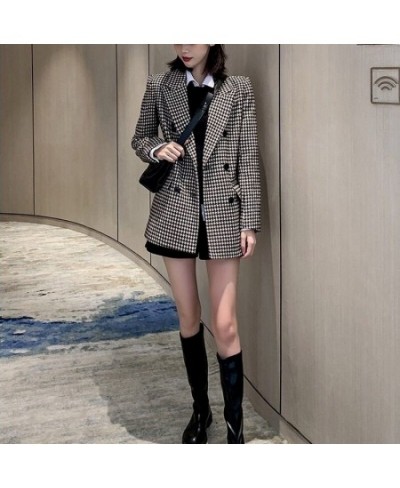 Women Wool Coats Houndstooth Blends Notched Double Breasted Warm Thickening Stylish Elegant Femme Streetwear Ulzzang Outwear ...