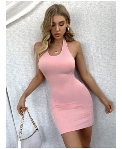Female Rib Knit Back Lace-up Short Dress Fashion Solid Color Halterneck Sleeveless Package Hip Dress for Summer Pink/Green/Bl...