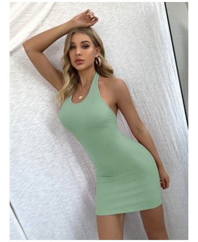 Female Rib Knit Back Lace-up Short Dress Fashion Solid Color Halterneck Sleeveless Package Hip Dress for Summer Pink/Green/Bl...