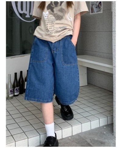Loose Neutral Large Pocket Wide Leg Denim Half Pants Women's Summer American Street Casual A-Line Blue Shorts Female $44.54 -...