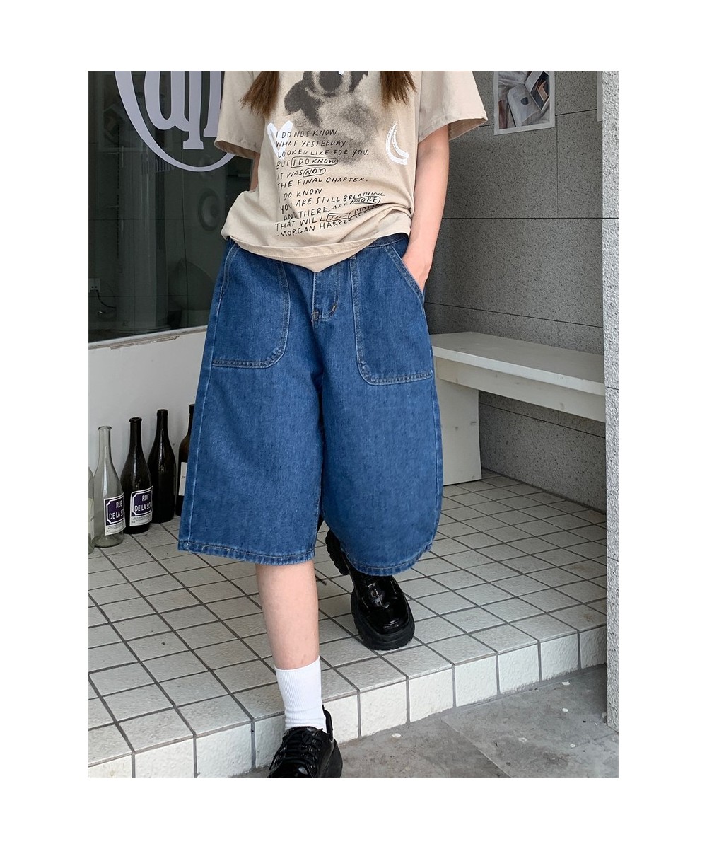 Loose Neutral Large Pocket Wide Leg Denim Half Pants Women's Summer American Street Casual A-Line Blue Shorts Female $44.54 -...