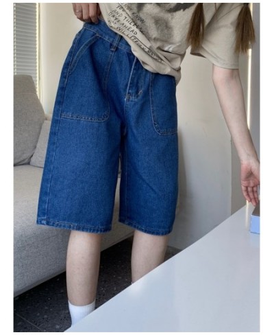 Loose Neutral Large Pocket Wide Leg Denim Half Pants Women's Summer American Street Casual A-Line Blue Shorts Female $44.54 -...