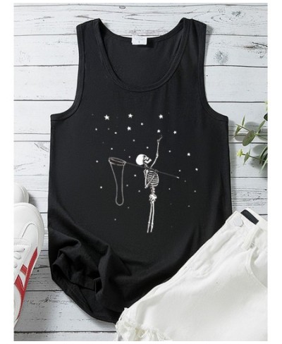 Skull Picking Stars Print Funny Women Tank Tops Sleeveless Vintage Summer Tee Shirt Crew Neck Femme Tops Clothes Blusa Femini...