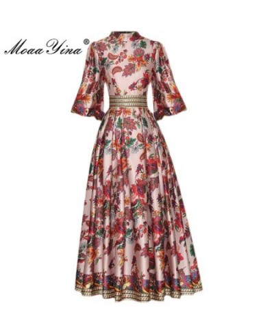 Fashion Designer Autumn Dress Women's Stand collar Puff sleeve Floral print vintage Long Vacation Party Dress $108.35 - Dresses
