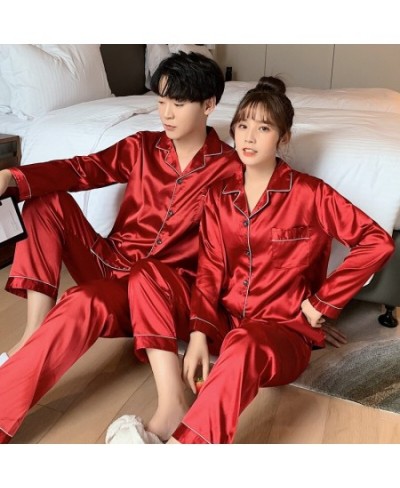 Winter Couple Pj Pajamas Men's Women's Full Sleeves Solid color Silk Satin Sleepwear Home Clothes Suit Ladies Pijamas Lounge ...