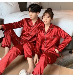 Winter Couple Pj Pajamas Men's Women's Full Sleeves Solid color Silk Satin Sleepwear Home Clothes Suit Ladies Pijamas Lounge ...