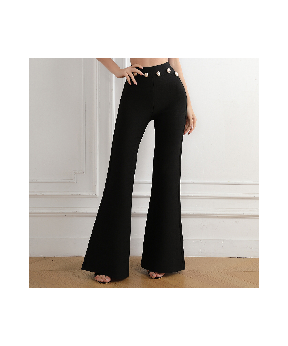 2022 New Summer Women Bandage Pants Sexy Fashion Party Bodycon Trousers High Waist Gold Buttons Solid Female Flare Pant $62.5...