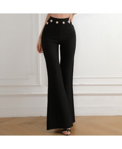 2022 New Summer Women Bandage Pants Sexy Fashion Party Bodycon Trousers High Waist Gold Buttons Solid Female Flare Pant $62.5...