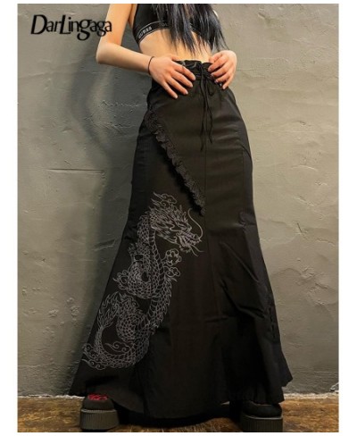 Chinese Style Vintage Fashion Dragon Print Long Skirt Lace Up Ruffles Elegant Women Skirts High Waist Gothic Clothes $40.38 -...