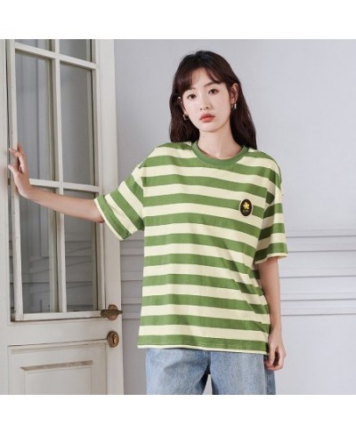 Women Striped T-shirt Summer Short Sleeve O Neck Loose Tees Embroidery Dropped Shoulder Casual Chic Streetwear Tops $37.64 - ...