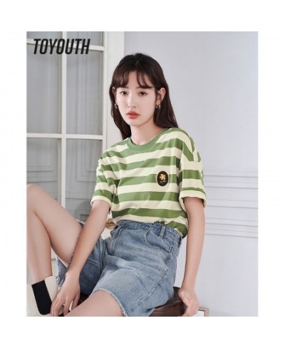 Women Striped T-shirt Summer Short Sleeve O Neck Loose Tees Embroidery Dropped Shoulder Casual Chic Streetwear Tops $37.64 - ...