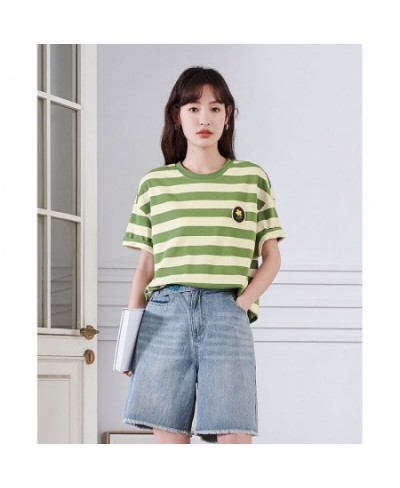 Women Striped T-shirt Summer Short Sleeve O Neck Loose Tees Embroidery Dropped Shoulder Casual Chic Streetwear Tops $37.64 - ...