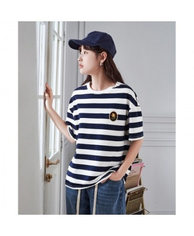 Women Striped T-shirt Summer Short Sleeve O Neck Loose Tees Embroidery Dropped Shoulder Casual Chic Streetwear Tops $37.64 - ...