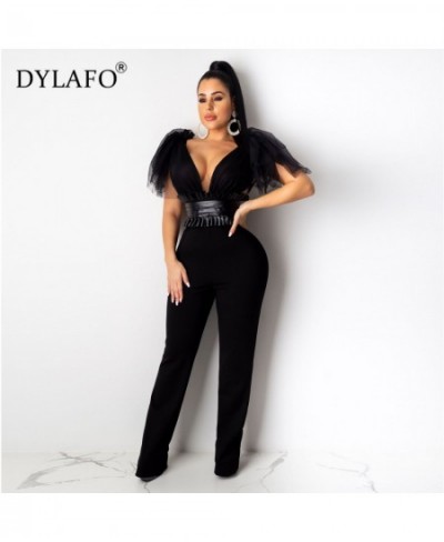 See Through Mesh Bow Top Pu Leather Waist Seal Jumpsuits Sleeveless Deep V Neck Elegant Party Night Club Long Jumpsuit Romper...