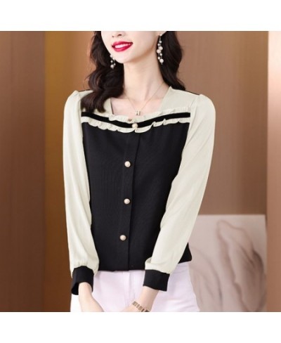 Spring Office Lady Ruffles Square Collar Long Sleeve Shirts Women Clothes Fashion Buttons T-Shirt Femme Korean Patchwork Top ...