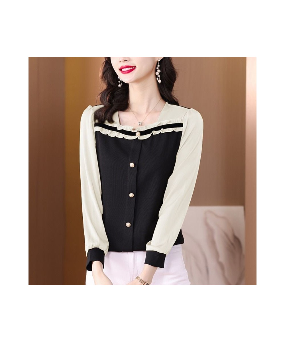 Spring Office Lady Ruffles Square Collar Long Sleeve Shirts Women Clothes Fashion Buttons T-Shirt Femme Korean Patchwork Top ...