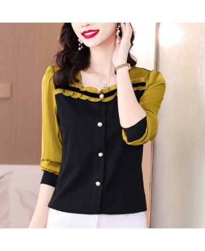 Spring Office Lady Ruffles Square Collar Long Sleeve Shirts Women Clothes Fashion Buttons T-Shirt Femme Korean Patchwork Top ...