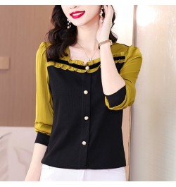 Spring Office Lady Ruffles Square Collar Long Sleeve Shirts Women Clothes Fashion Buttons T-Shirt Femme Korean Patchwork Top ...