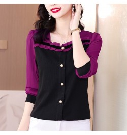 Spring Office Lady Ruffles Square Collar Long Sleeve Shirts Women Clothes Fashion Buttons T-Shirt Femme Korean Patchwork Top ...