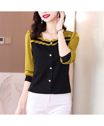 Spring Office Lady Ruffles Square Collar Long Sleeve Shirts Women Clothes Fashion Buttons T-Shirt Femme Korean Patchwork Top ...