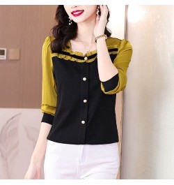 Spring Office Lady Ruffles Square Collar Long Sleeve Shirts Women Clothes Fashion Buttons T-Shirt Femme Korean Patchwork Top ...