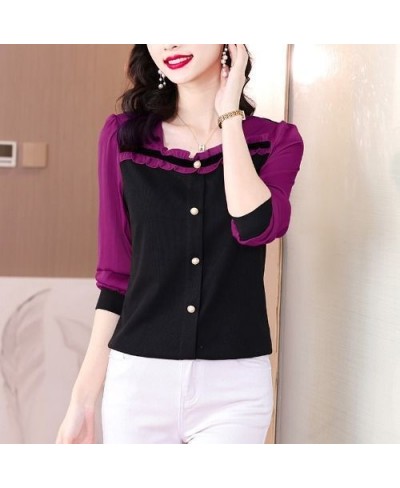 Spring Office Lady Ruffles Square Collar Long Sleeve Shirts Women Clothes Fashion Buttons T-Shirt Femme Korean Patchwork Top ...