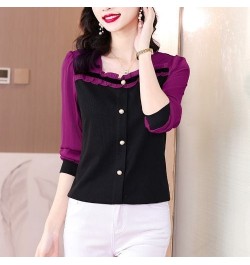 Spring Office Lady Ruffles Square Collar Long Sleeve Shirts Women Clothes Fashion Buttons T-Shirt Femme Korean Patchwork Top ...