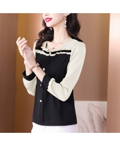 Spring Office Lady Ruffles Square Collar Long Sleeve Shirts Women Clothes Fashion Buttons T-Shirt Femme Korean Patchwork Top ...