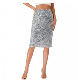 Womens Fashion Sequin Pencil Skirt High Waist Elastic Waistband Invisible Zipper Midi Skirts for Nightclub Party Cocktail $58...