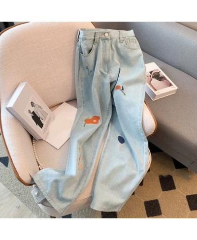 High Waisted Jeans for Women 2023 New Fashion Streetwear Embroidery Straight Women Jeans Chic Loose Wide Leg Jeans $56.79 - J...