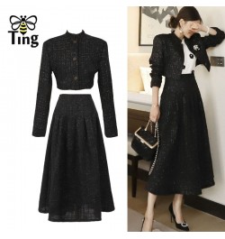 Women Vintage Elegant Tweed Short Jacket Coats & A Line Midi Long Skirt Sets Winter Autumn Dress Set Lady Outfits Zaful $77.1...