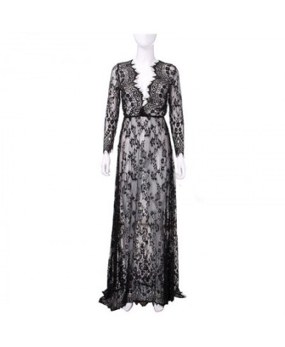 Long Section Deep V Women Nightgown Lace Hollow Long Sleeve Nightdress $29.83 - Sleepwears