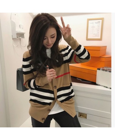 Women's sweater women's jacket cashmere cardigan mid-length knitted jacket V-neck loose striped sweater thin ladies trench co...