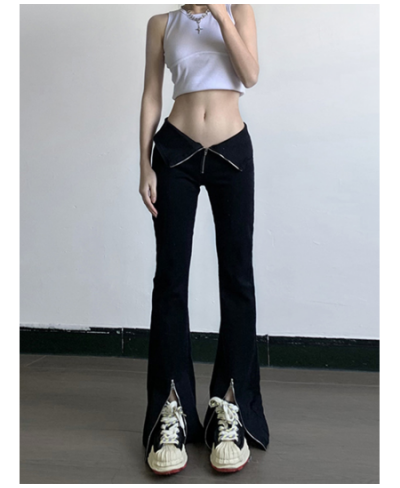 Spring 2023 New Spicy Girls Low Waist Zipper Split V-Shaped Waist Show Thin Washed Jeans Women $48.13 - Pants & Capris