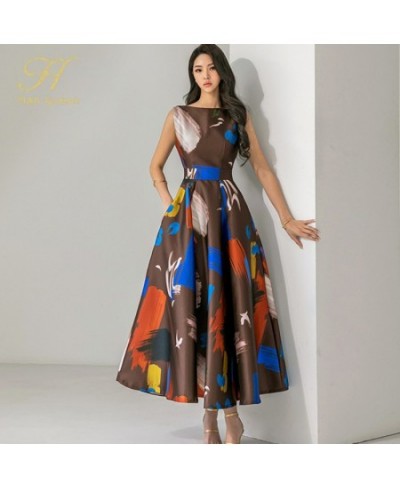 New Summer Dresses Korean Retro Sleeveless Printing Vestidos Fashion Slim Big Swing O-Neck Long Party Casual Dress $58.34 - D...